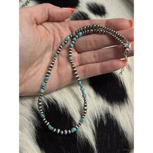 Native American Sterling Silver Navajo Pearl Blue Ridge Turquoise Necklace 17.5”